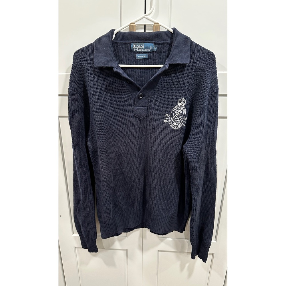 Vtg Polo Ralph Lauren Navy collegiate Knit‎ Sweater Crest Logo Mens Size L